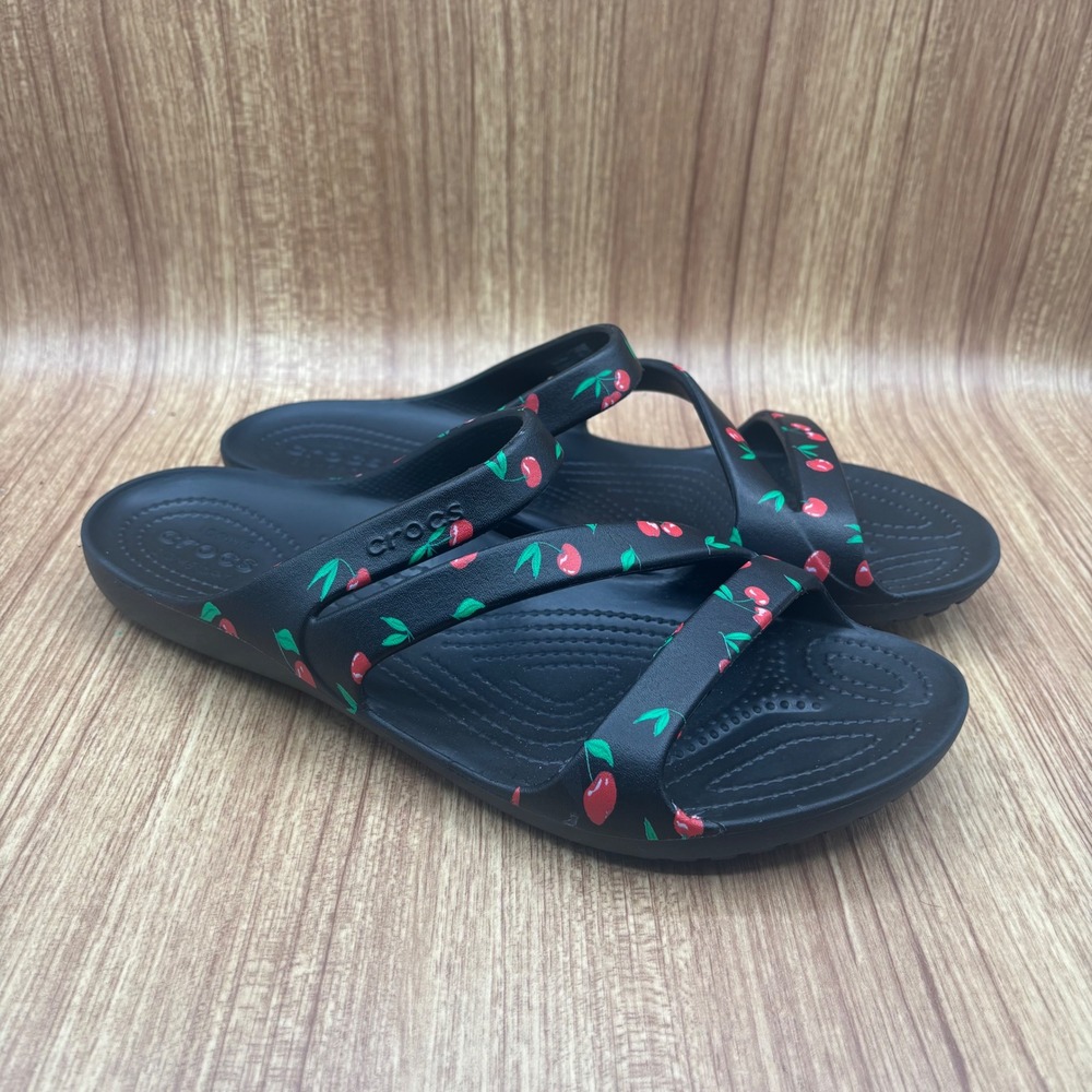 Crocs‎ Kadee II Black Cherry Print Sandal Women Size 11 Strappy Slide Shoes